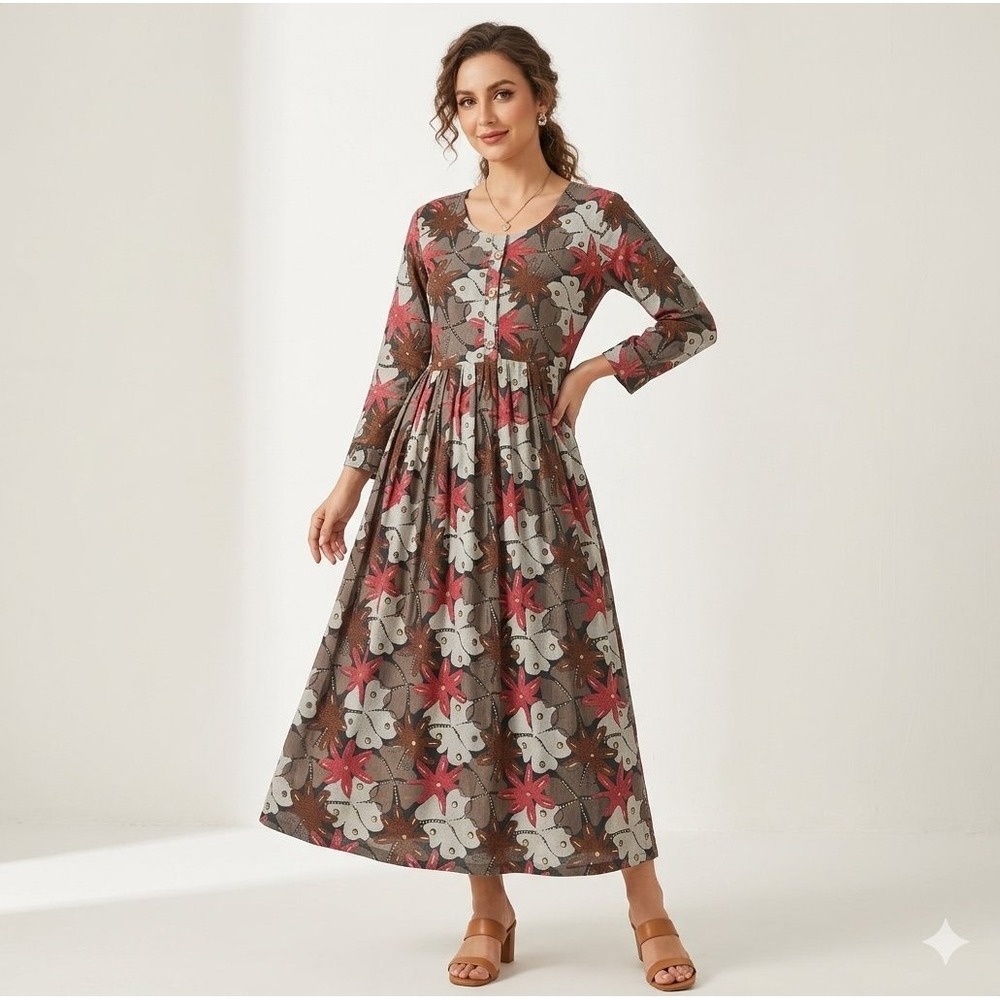 Lepcy Floral Maxi Dress Womens Medium Brown Red Long Sleeve Boho Pleated